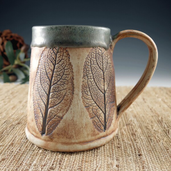 Large Handbuilt Pottery Mug, Handmade with Leaves in Brown and Green, Extra Large Ceramic Coffee Cup, 18 oz, Rustic Porcelain Tea Mug