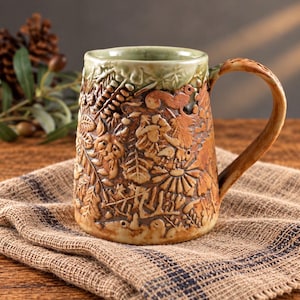 Handmade Porcelain Mug, Woodland Animals, Celadon Green, 18 oz