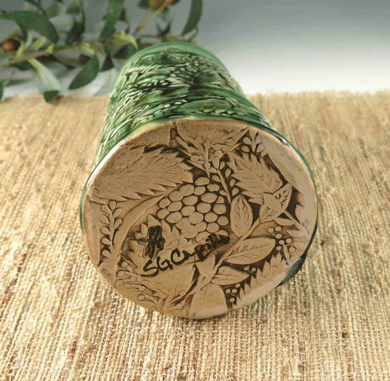 Emerald Green 28 oz Handmade Ceramic Tankard with Botanical Nature Theme, Bavarian Beer Stein, Extra Large Mug image 6
