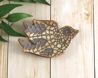 Lace Pattern Bird Ring Dish, Ceramic Pottery Trinket Dish