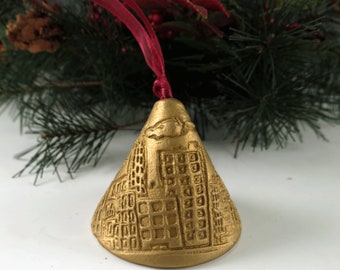 Gold Christmas Bell, Handmade Holiday Ornament, Wind Chime Tree Ornament Porcelain Cityscape Decoration