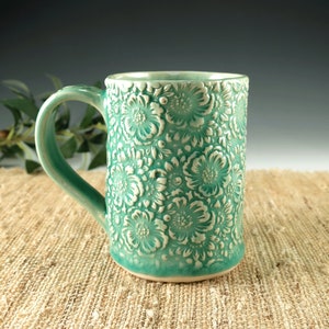 Handmade Pottery Mug with Camellia Flowers in Turquoise, Unique Hand Built Porcelain Cup Holds 14 oz