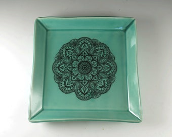 Ceramic Plate Decorative Mandala Fruit Plate, Unique Pottery Coin or Jewelry Dish in Turquoise, Art Pottery for Home Décor