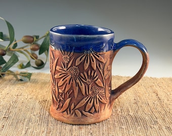 Handmade Pottery Mug with Echinacea Coneflower in Royal Blue (14 oz)