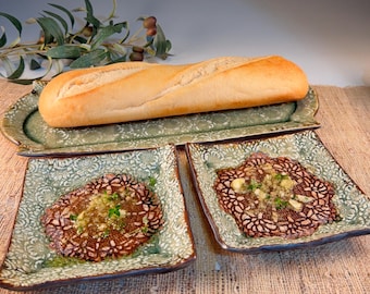 Bread Tray and Garlic Grater Plates, Handmade Porcelain Bread and Oil Serving Plate in Soft Celedon Green, Hand Built Ceramic Art Gift Set