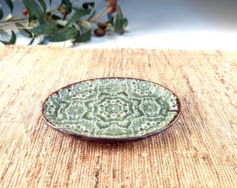 Handmade Mandala Flower Porcelain Plate, Celedon Green Pottery Soap Dish, Jewelry Plate