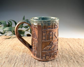 Handmade Pottery Mug Bookish Library - Rustic Green Glaze - 14 oz