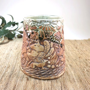Handcrafted Large Pottery Mug with Woodland Animals, Unique 18 oz Hand Built Porcelain Cup image 2