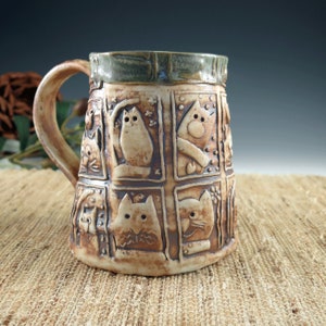 Cat Lover Coffee Mug, Handmade Pottery Tankard in Natural and Green, Large Ceramic Porcelain Mug, Big Kitty Tea Cup, 18 oz image 4