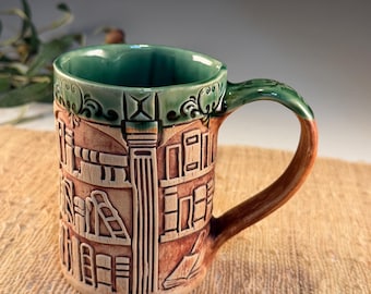 Handmade Ceramic Bookshelf Mug, 14 oz High Fired Porcelain Book Lover Mug, Carved Library Coffee Cup, Unique Bookish Gift for Readers