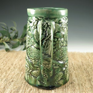 Emerald Green 28 oz Handmade Ceramic Tankard with Botanical Nature Theme, Bavarian Beer Stein, Extra Large Mug image 4