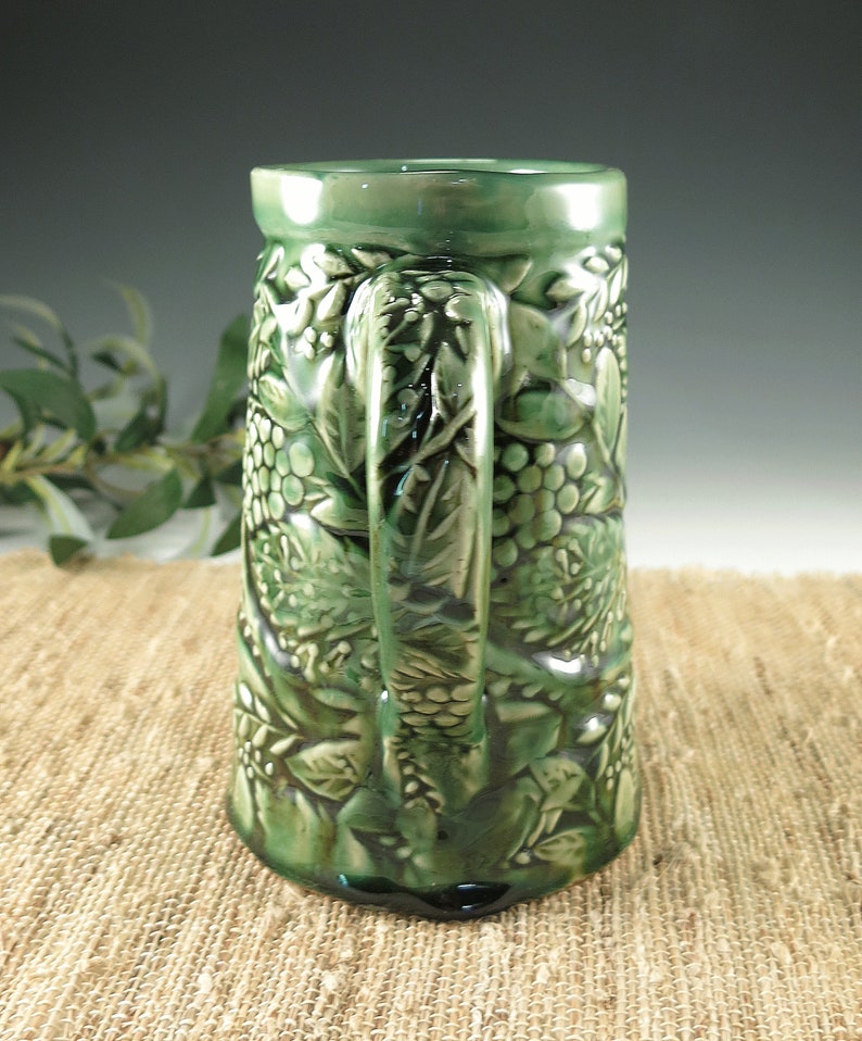 Emerald Green 28 oz Handmade Ceramic Tankard with Botanical Nature Theme, Bavarian Beer Stein, Extra Large Mug image 4