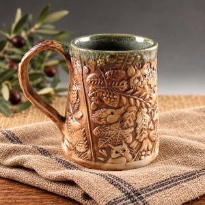 Woodland Animals Handmade Porcelain Tankard Mug - 18 oz Rustic Green Carved Forest Pottery Cup