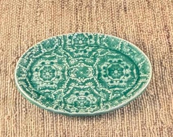 Handmade Mandala Flower Porcelain Plate, Spring Green Pottery Soap Dish, Jewelry Plate