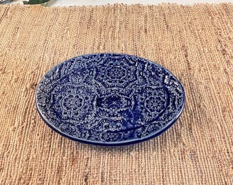 Handmade Mandala Flower Porcelain Plate, Royal Blue Pottery Soap Dish, Jewelry Plate