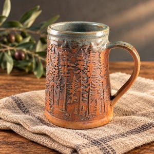 Handmade Ceramic Mountain Woodland Mug 26 oz Large Porcelain Forest Tankard in Rustic Green