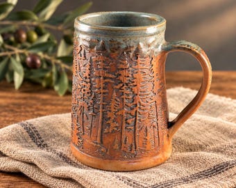Handmade Ceramic Mountain Woodland Mug 26 oz Large Porcelain Forest Tankard in Rustic Green