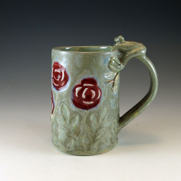 Stormy Blue Coffee Mug - Ceramic Red Rose Mug with butterflies and frog - Ready to Ship - Gray Pottery Mug - Coffee Lovers Gift - 817
