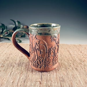 Handmade Botanical Meadow Ceramic Mug - Carved Wildflower 14 oz Porcelain Coffee Cup Glazed in Rustic Green