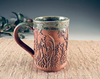 Handbuilt Flowering Pottery Mug  - Rustic Green Glaze  14 oz Meadow Ceramic Cup