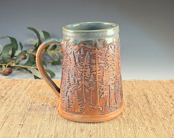 Handmade Ceramic Mug, Mountain Woodland Design, Rustic Green Porcelain, 24 oz