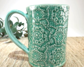 Handmade Mandala Flower Porcelain Coffee Mug, Unique Glazed 14 oz Green Pottery Cup for Coffee or Tea