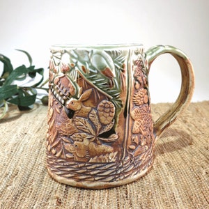 Handcrafted Large Pottery Mug with Woodland Animals, Unique 18 oz Hand Built Porcelain Cup image 3