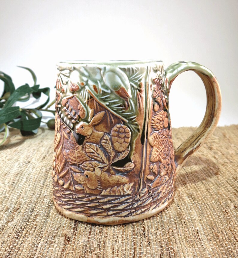 Handcrafted Large Pottery Mug with Woodland Animals, Unique 18 oz Hand Built Porcelain Cup image 3