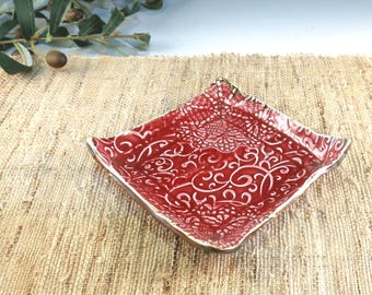 Handmade Porcelain Square Dish, Ruby Red Glaze, Lace Scroll Pattern