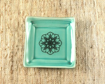 Small Turquoise Blue Flower Mandala Decorative Plate for Keys, Coins or Jewelry