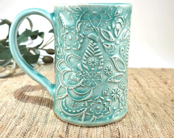 Handmade Pottery Mug with a Lace Pattern in Turquoise, Unique Hand Built Porcelain Cup Holds 14 oz
