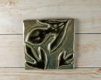 Handmade Porcelain Decorative Tile Back Splash, Ceramic Sassafras Leaf in Rustic Green, Hang Singly or use in Wall Installation