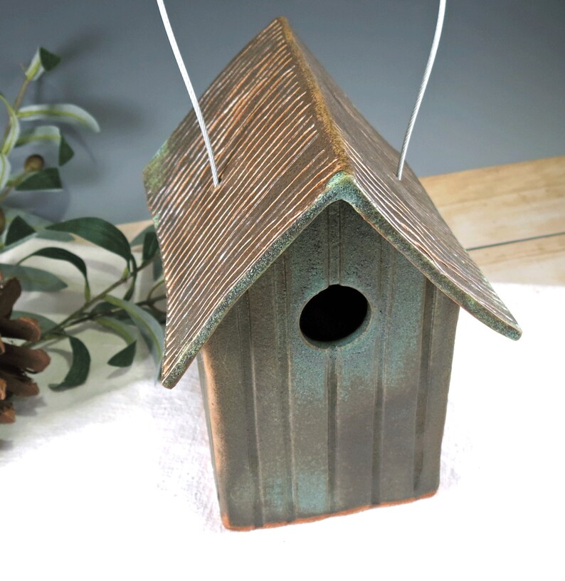 Rustic Weathered Bronze Bird House Pottery Outdoor Ceramic Birdhouse Home for Wild Birds Functional Decor for Bird Lovers image 8