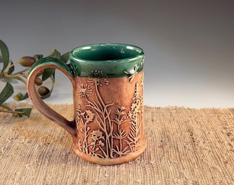 Handbuilt Flowering Pottery Mug  - Emerald Green Glaze 14 oz Meadow Ceramic Cup