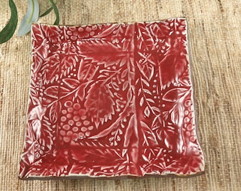 Red Pottery Plate with Nature Leaves and Berries, Porcelain Dish Spoon Rest