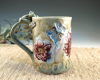 Handmade Porcelain Mug with Red Poppies, Zinnia, Frog and Butterflies - 14 oz