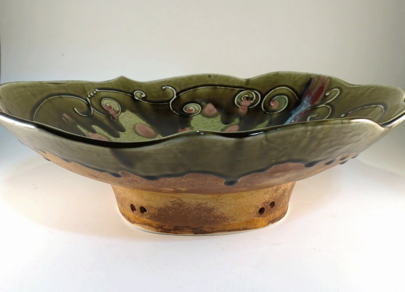 Large Porcelain Pottery Bowl in Green, Yellow, Red, Blue, Statement Functional Wall Art, Fruit Bowl, Decorative Bowl, Watercolor Bowl image 4