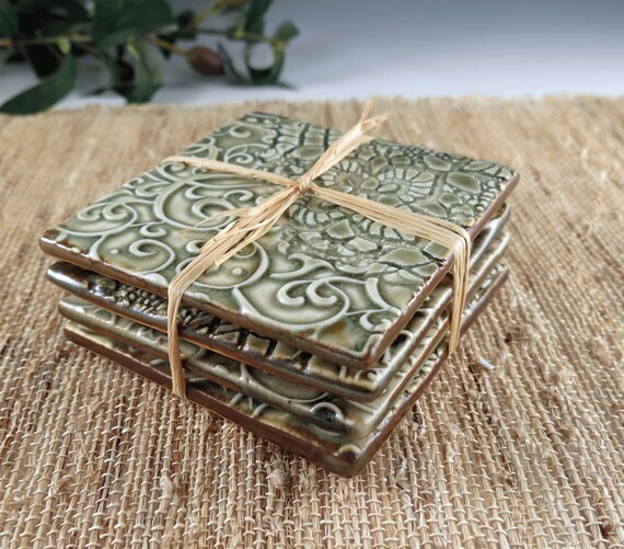 Light Green Coaster Set Porcelain Coasters Handmade Tile Bar Etsy