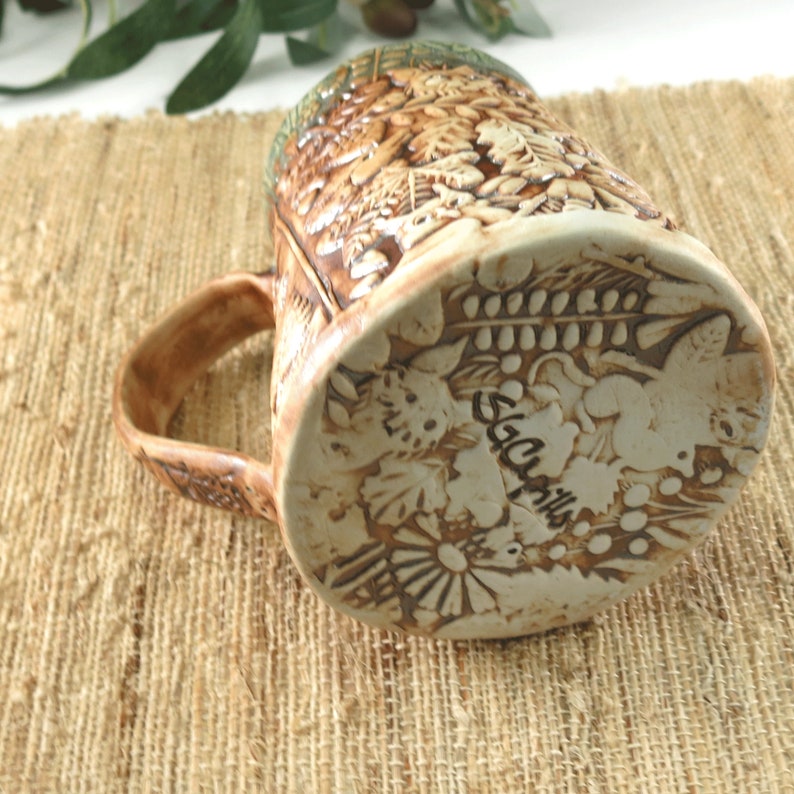 Handmade Pottery Mug with Woodland Animals, Large with Natural Brown and Rustic Green, Unique Hand Built Porcelain Cup Holds 18 oz image 6