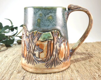 Handcrafted Carved Large 18 oz Porcelain Pottery Mug with Original Design Woodland Trees, Handmade Artisan Kitchenware