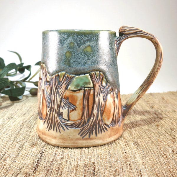 Handcrafted Carved Large 18 oz Porcelain Pottery Mug with Original Design Woodland Trees, Handmade Artisan Kitchenware