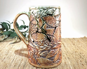 Extra Large 28 oz Handcrafted Porcelain Pottery Mug or Tankard with Nature Theme Berries and Leaves