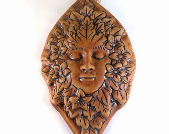 Porcelain Green Woman Garden Greenman Plaque Wall Hanging Garden Sculpture, Ceramic Woman of the Wood, Pagan Greenwoman