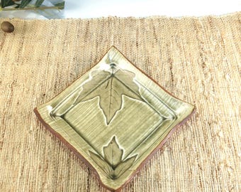 Handmade Maple Leaf Pottery Plate, Celadon Green Stoneware Ring Dish