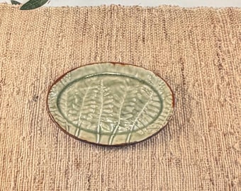 Handmade Fossil Impression Porcelain Plate, Celedon Green Pottery Soap Dish, Jewelry Plate