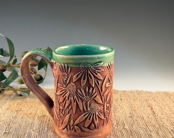 Handmade Pottery Mug with Echinacea Flowers - Spring Green - 14 oz Coneflowers Cup