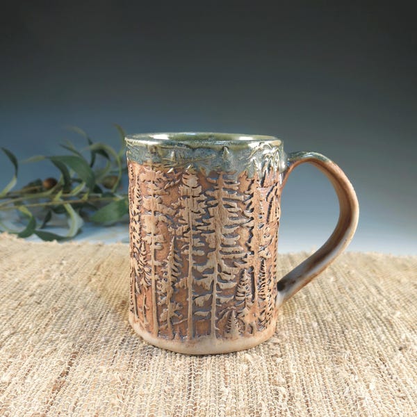 Handmade Ceramic Mug, Mountain Woodland Forest Design, Rustic Green Pottery Cup (14 oz)