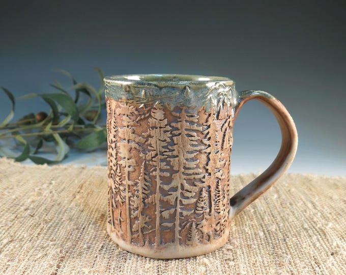 Handmade Ceramic Mug, Mountain Woodland Forest Design, Rustic Green Pottery Cup (14 oz)