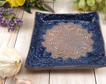 Garlic Grater Plate, Navy Blue Handmade Dish in Porcelain, Ceramic Olive Oil Plate