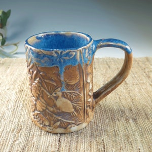 Handmade Pottery Mug with Woodland Animal Story, Natural Brown and Mottled Azure Blue, Unique Detailed Texture Porcelain Cup 画像 3